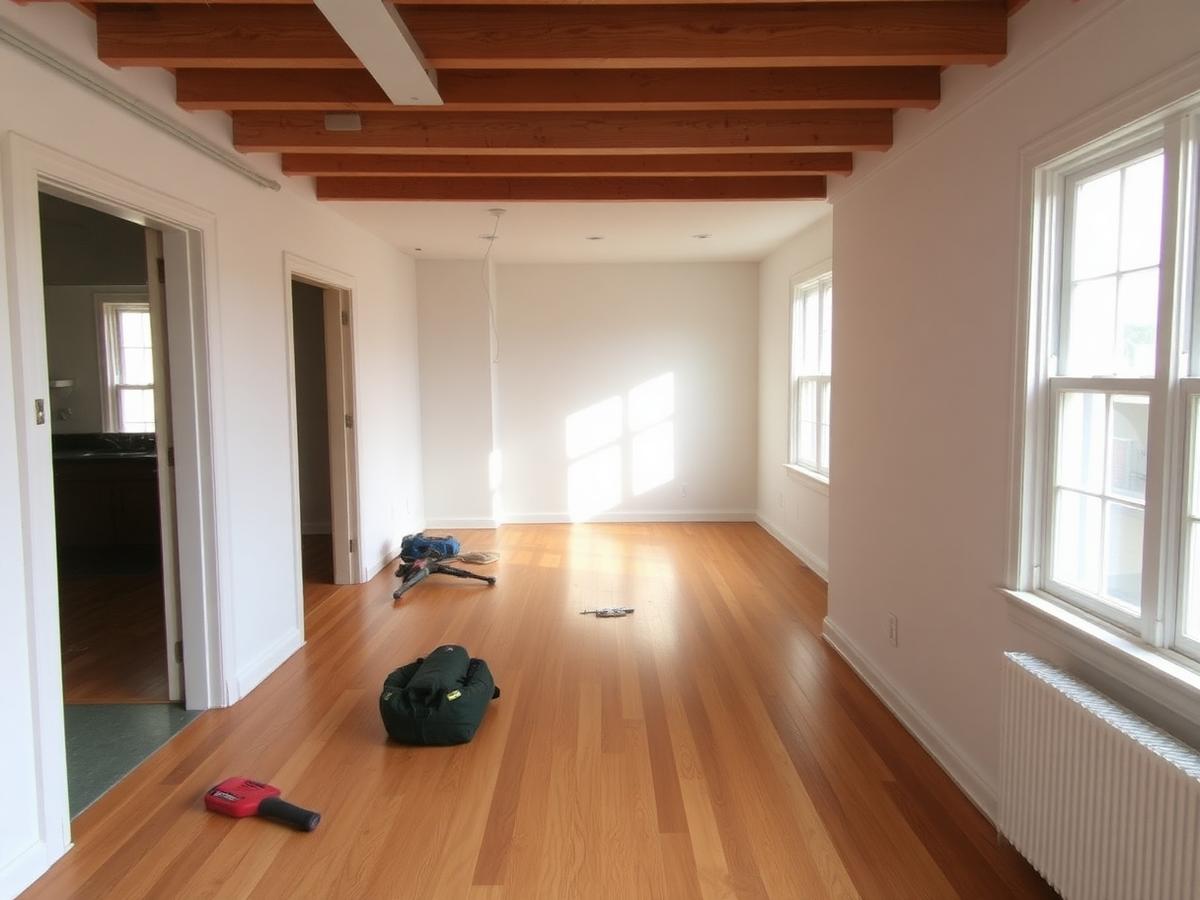 Interior renovation with new hardwood flooring nearing completion